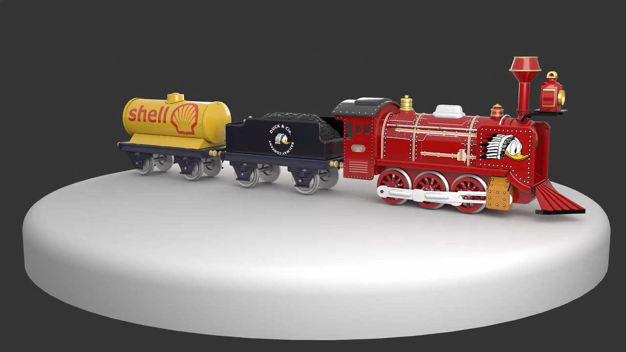 image d'un jouet en étain de train modélisé en 3d sur une turntable